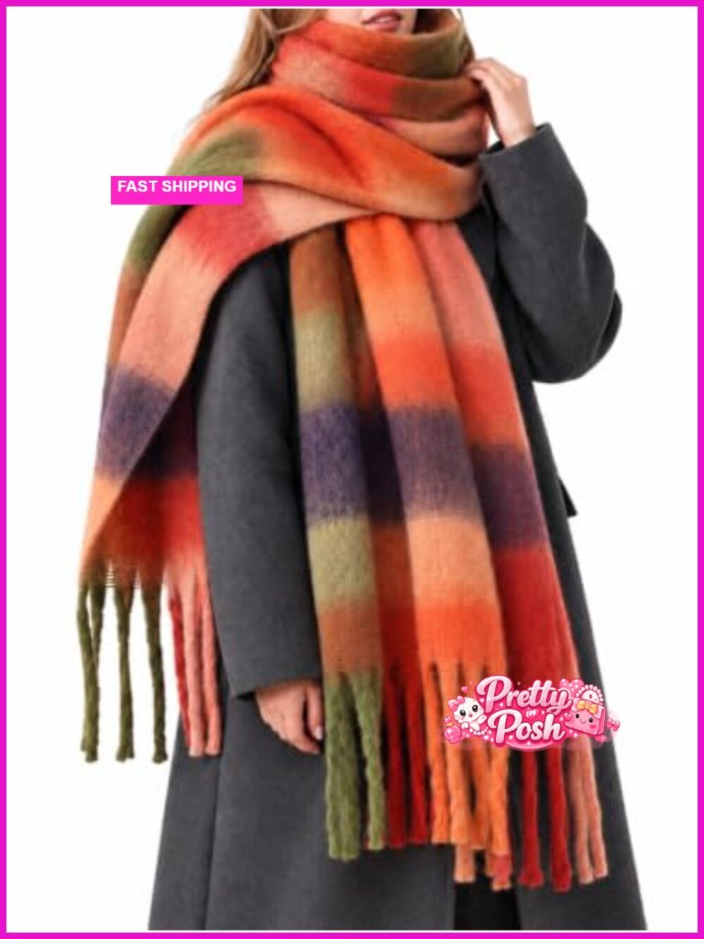 Oversized Chunky Plaid Winter Scarf Shawl Tassel Warm Wrap